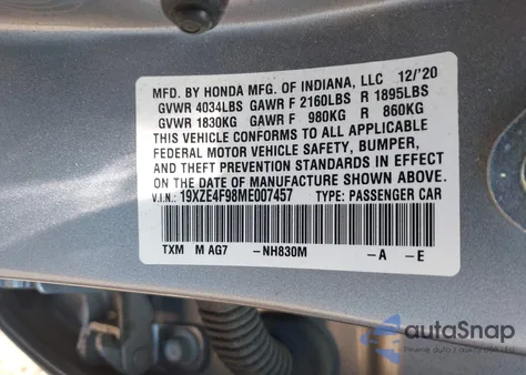 2021 Honda Insight Touring from USA, damaged, VIN 19XZE4F98ME007457